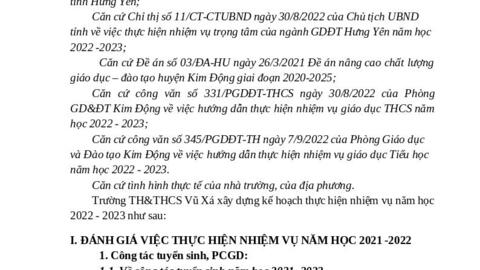 KẾ HOẠCH THỰC HIỆN NHIỆM VỤ NĂM HỌC 2022-2023